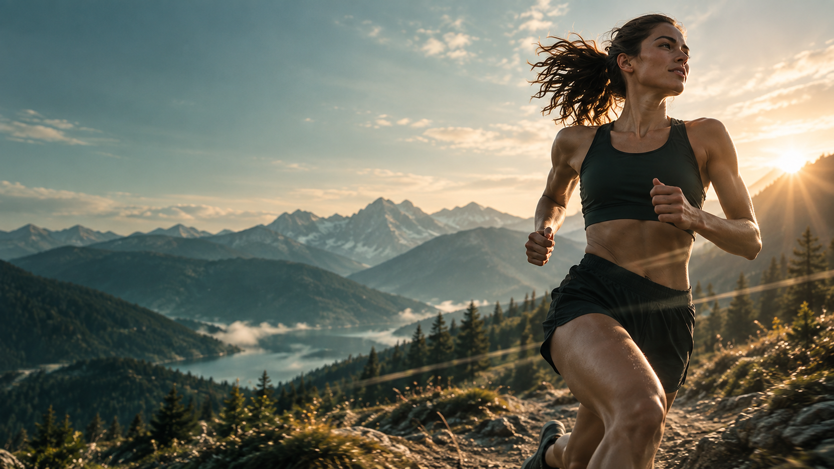 Runner moving through sunlit mountains